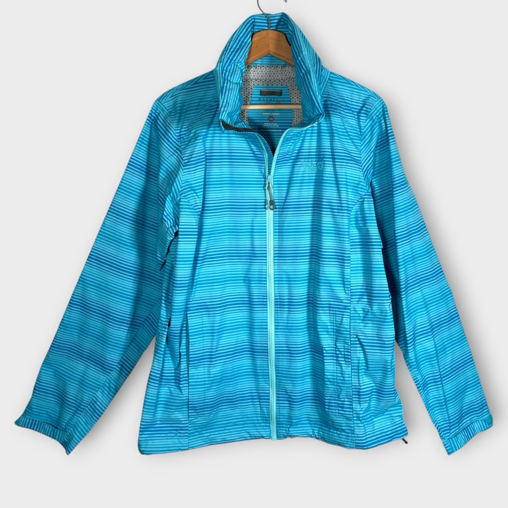MOUNTAIN HARDWEAR Hidden Hood Rain Coat Jacket LARGE DryQ Blue Plasmic Ion